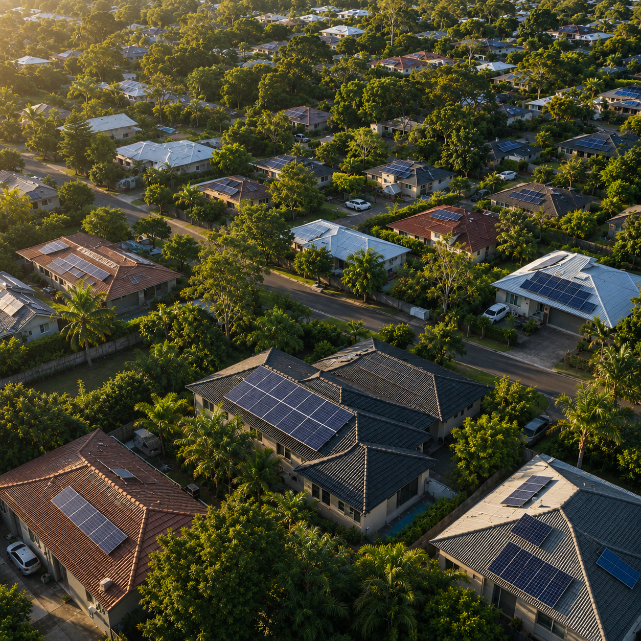 Editorial aerial view of Australian rooftops with solar panels