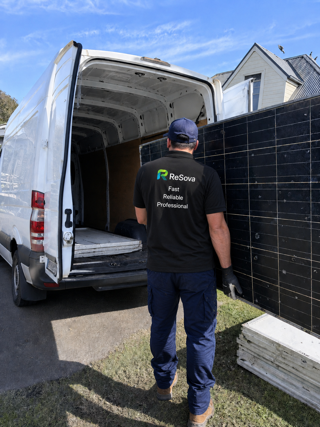 A ReSova collector loading a removed solar panel into a white van on a Sydney street