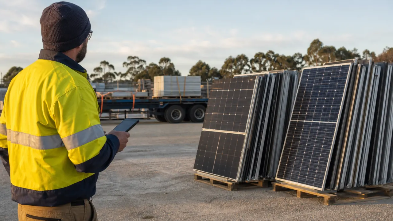 Australian solar installer reviewing collection logistics beside end-of-life solar panels