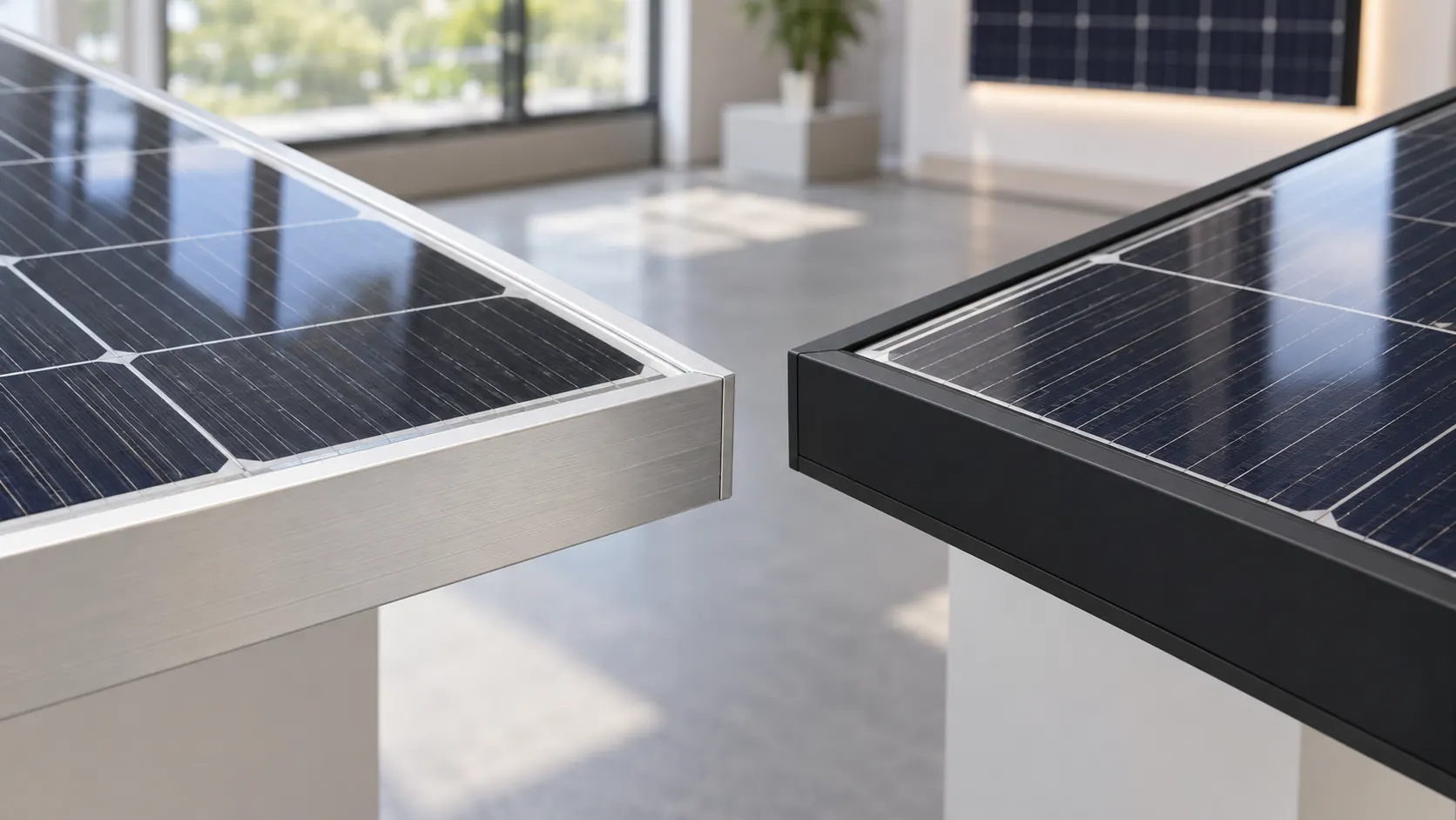 Two intact photovoltaic module corners on showroom supports, one with a silver frame and one with a dark frame