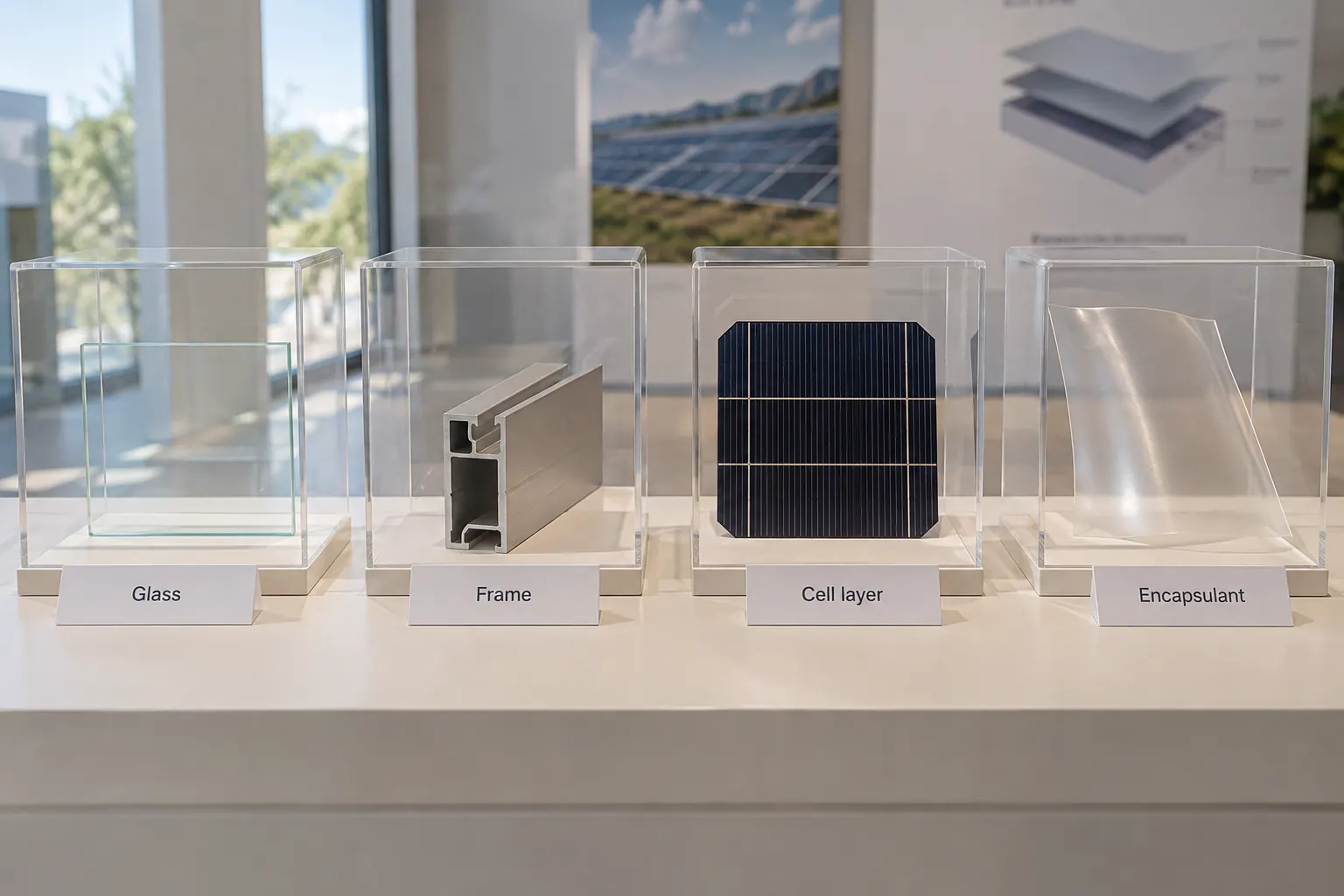 Four acrylic display covers containing representative glass, aluminium, cell-pattern and polymer props with material labels