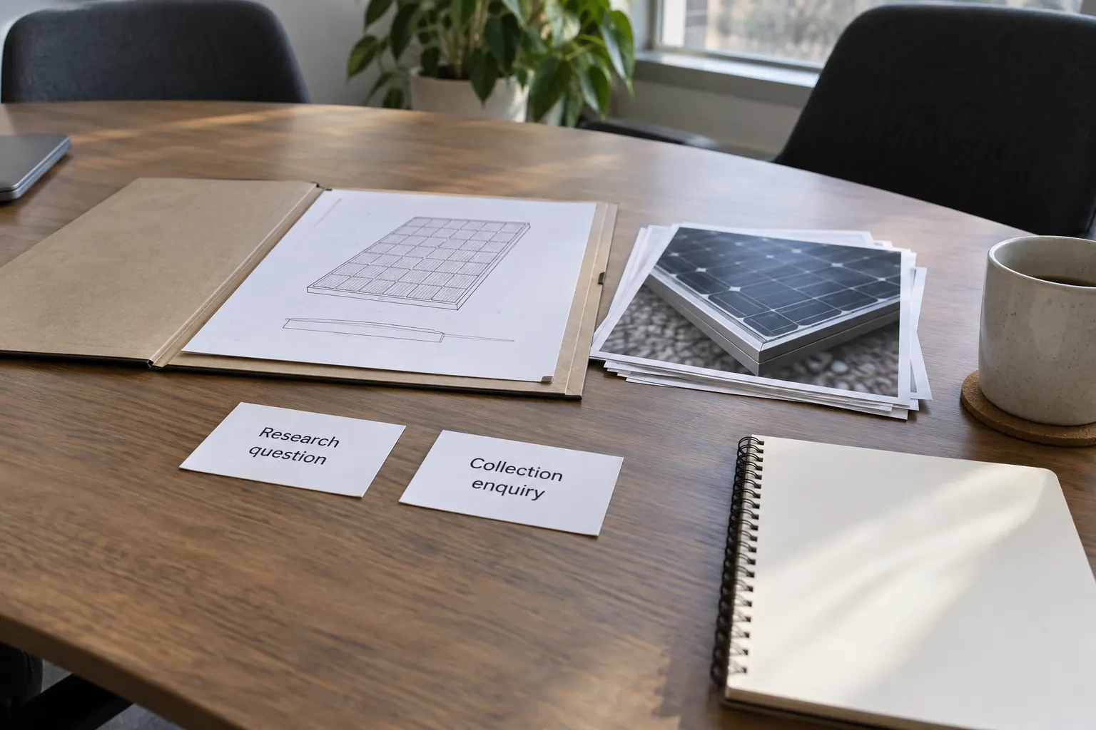 Open folder with a solar-panel drawing, panel-corner photographs and cards reading Research question and Collection enquiry beside a blank notebook