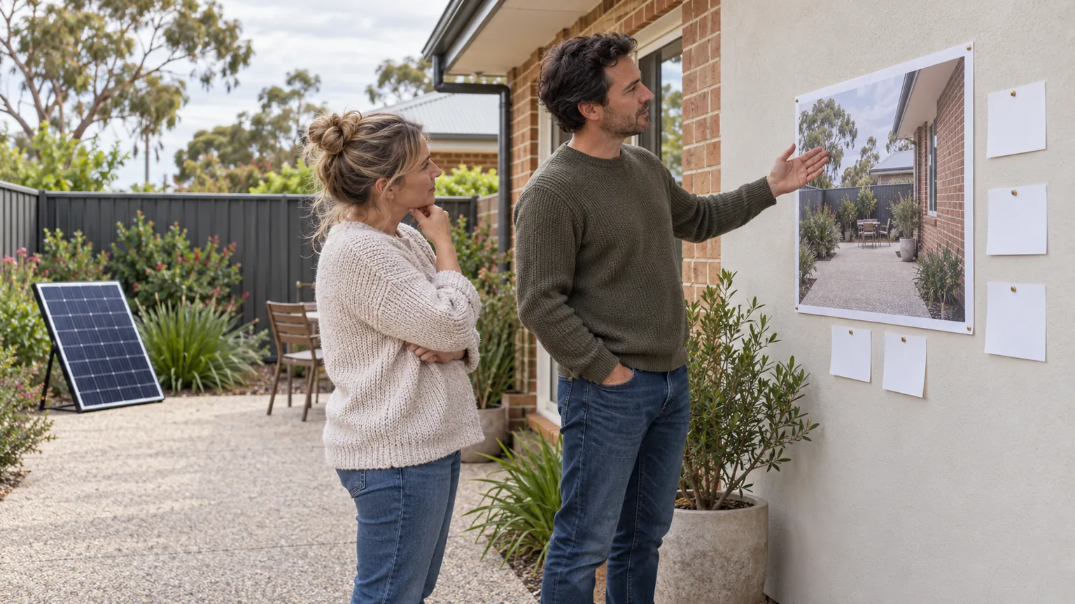 Two adults comparing a wall-mounted courtyard photograph and plain notes outdoors