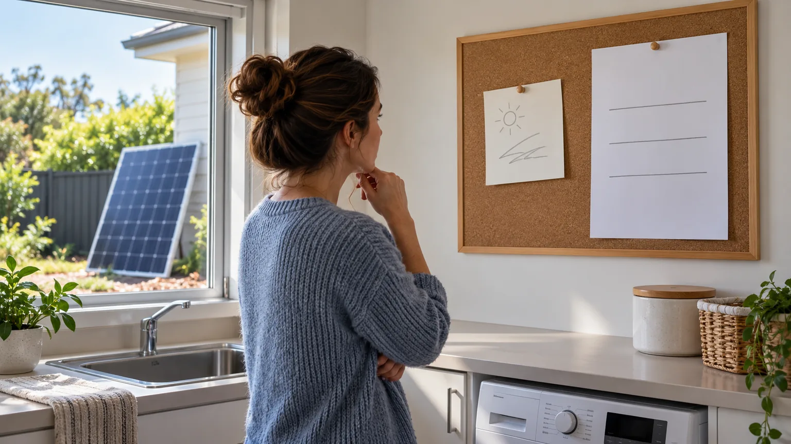 A pencil-marked loose note beside a blank enquiry sheet on a utility-room pinboard