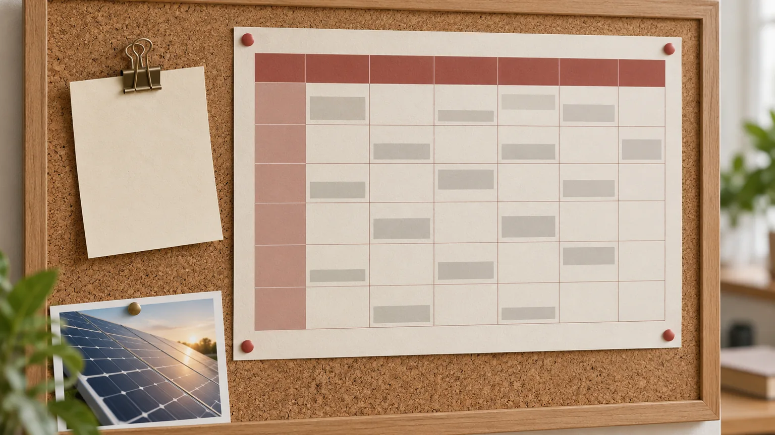 A reception noticeboard with a plain weekly grid and a separate loose date note