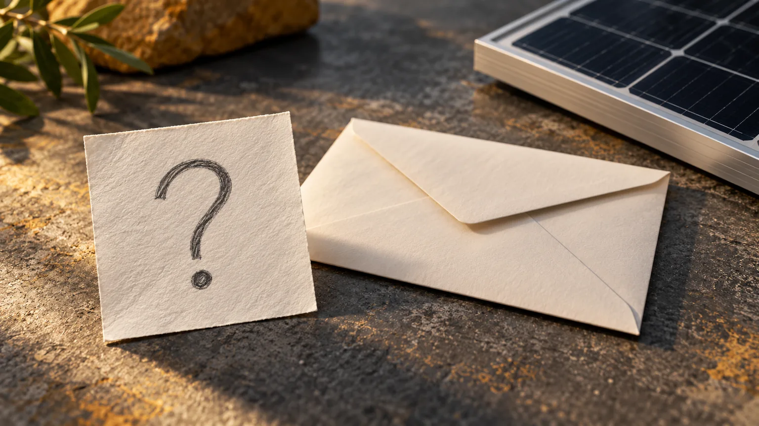 A question-mark note beside a closed envelope and the corner of a solar panel