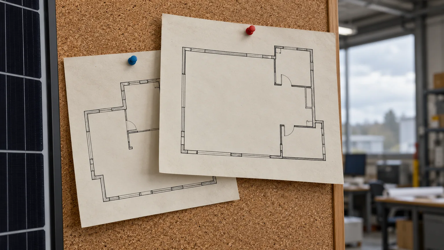 Two overlapping floor sketches pinned to a cork board beside a solar module frame