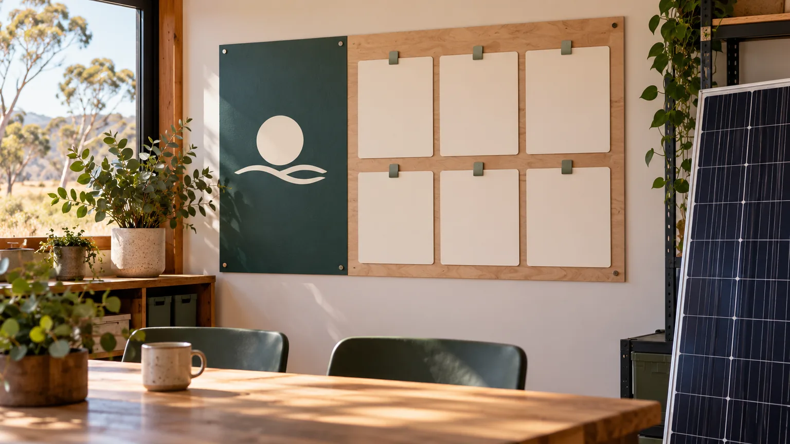 A wall board with one large plain card and smaller removable cards beside a solar module