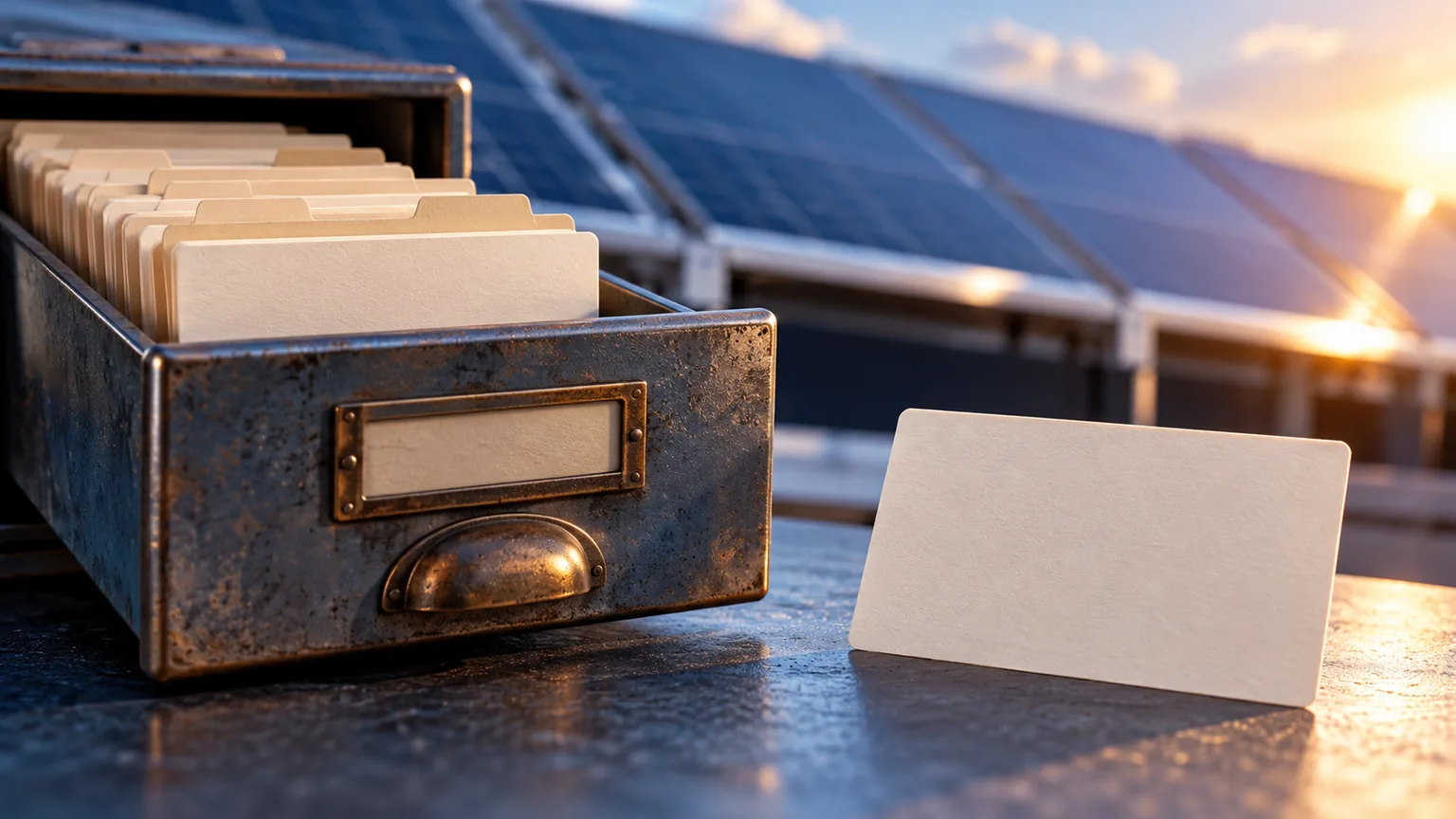 An open metal address drawer with cream index cards and a separate blank contact card