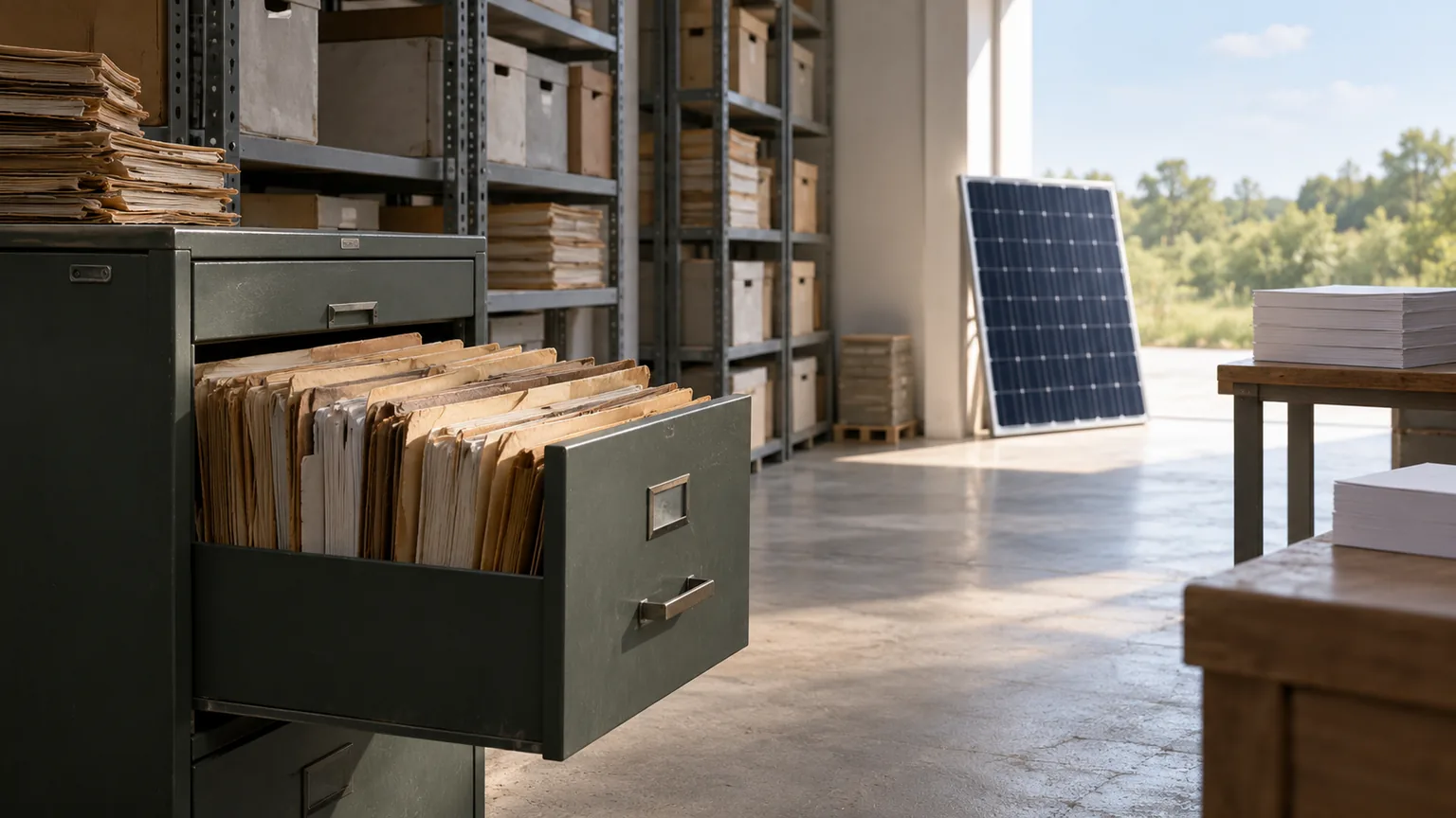 Open filing cabinet with older paper folders and a detached photovoltaic module beyond a doorway