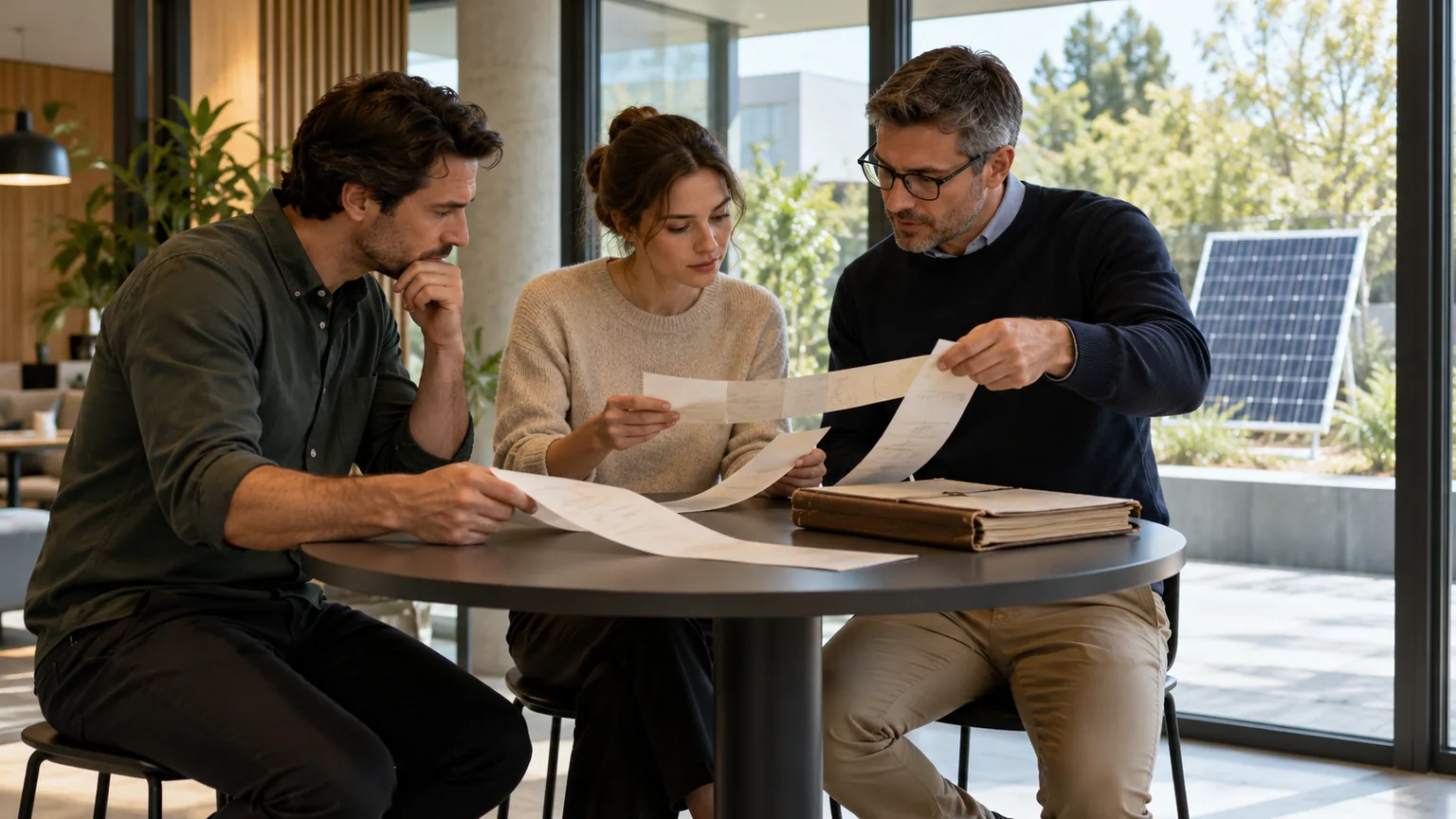 Three seated colleagues comparing long paper sheets and folders at a round table with photovoltaic modules beyond the glass
