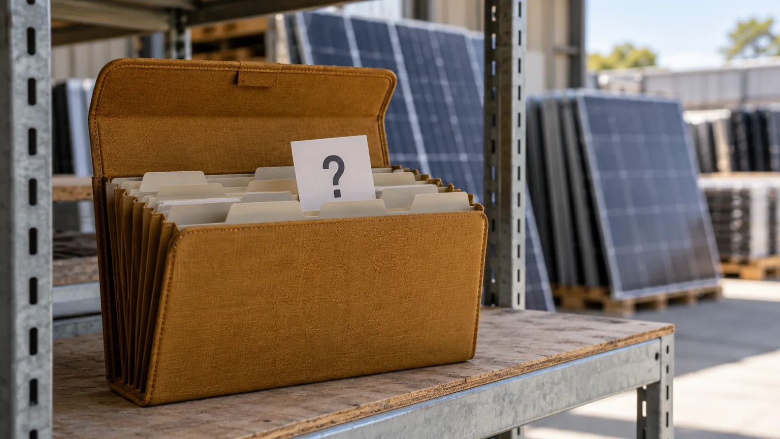 Ochre document wallet with plain dividers and a question-mark card on a metal shelf near photovoltaic modules
