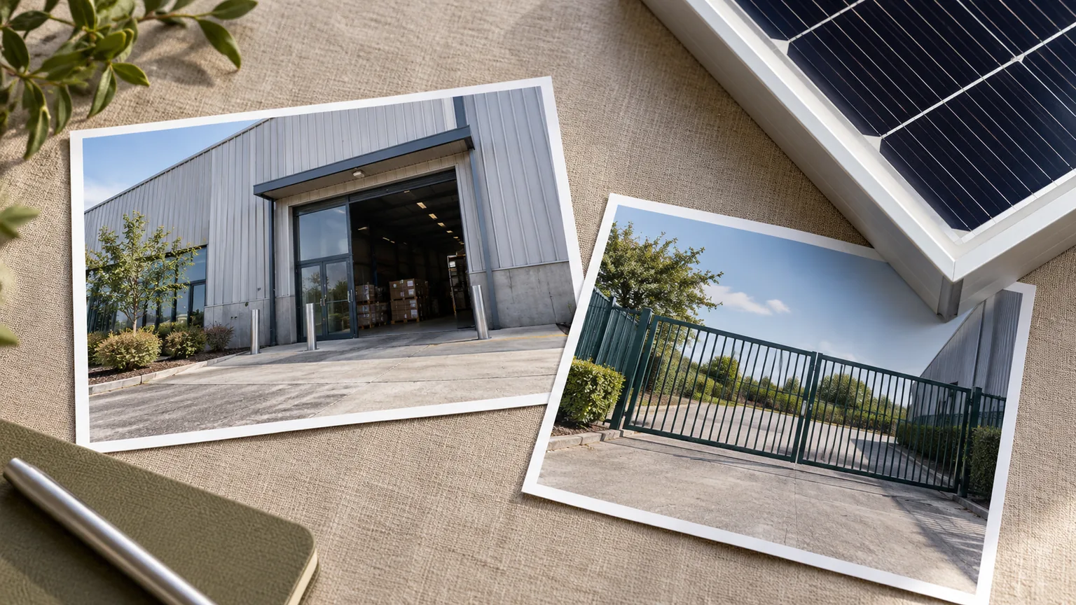 Separate printed photographs of a warehouse doorway and a metal gate beside a photovoltaic module corner