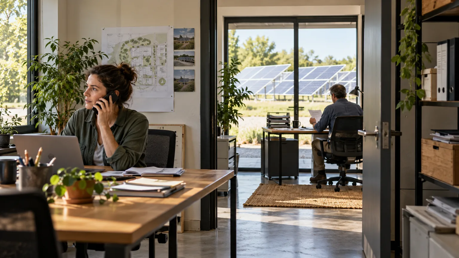 A woman speaking on a phone in one office while a colleague works at a desk in a separate room