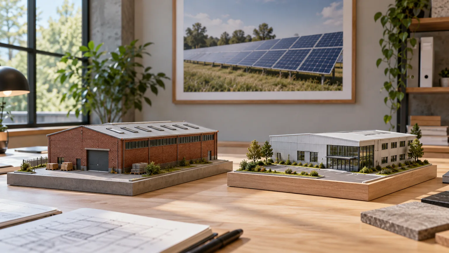 Separate models of a brick warehouse and a low office building on individual bases beneath a solar-array photograph