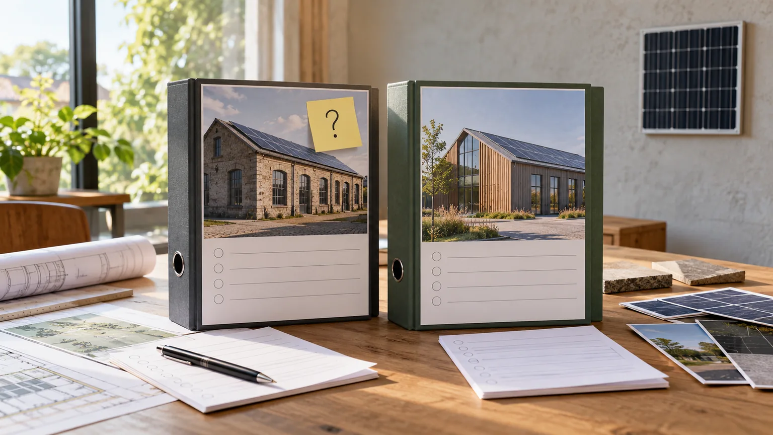 Two standing binders with different building photographs, separate notes and a question-mark slip on one binder