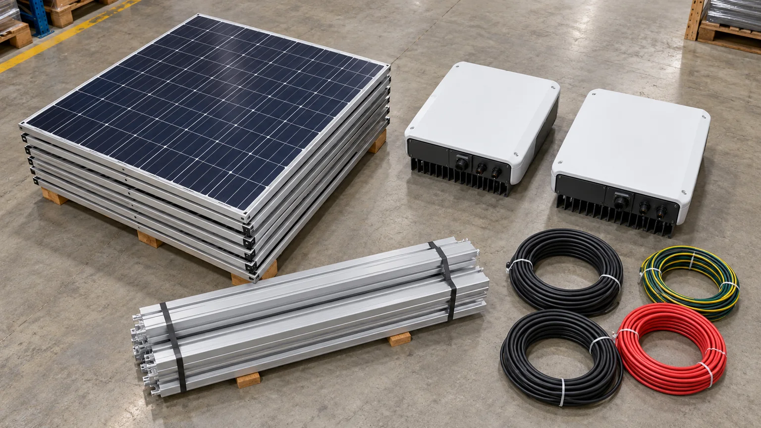 Separated ground-level groups of solar modules, inverters, rails and coiled cables in a warehouse