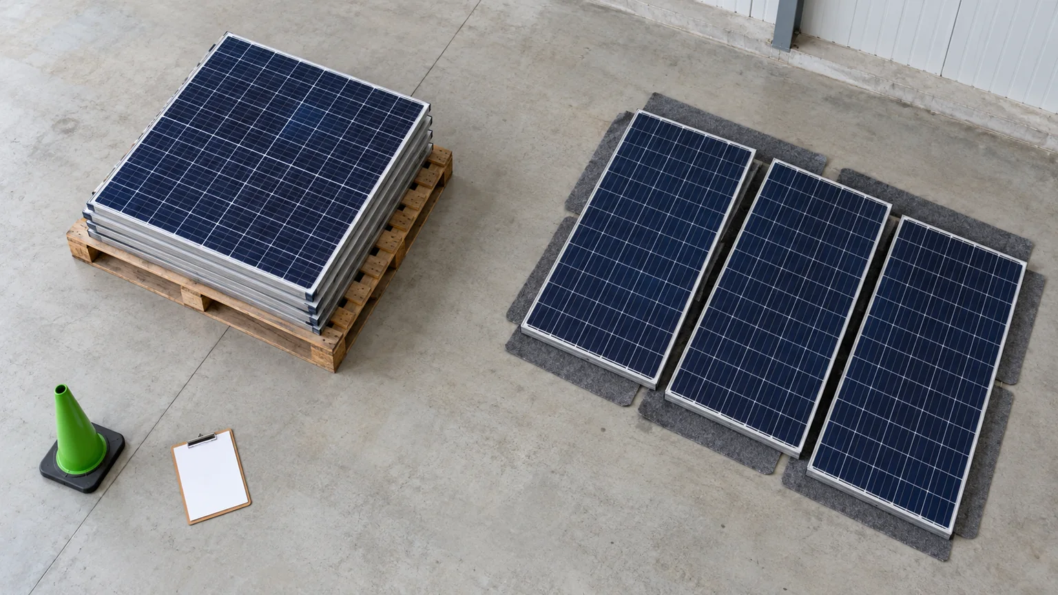 Overhead view of a pallet-supported solar-module stack beside separate ground-level solar modules