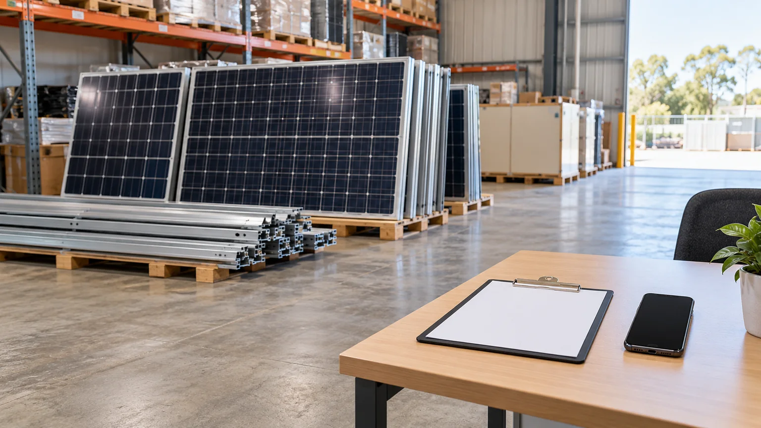 Ground-level solar staging area with a blank clipboard and phone on a nearby table
