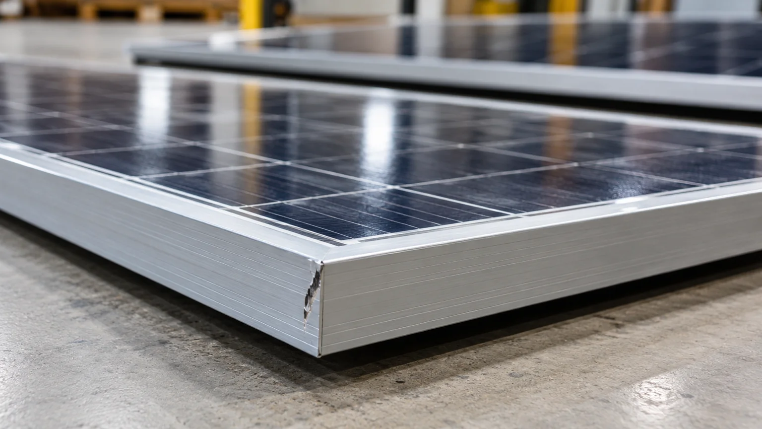 Close view of a solar-module frame with a visible surface mark