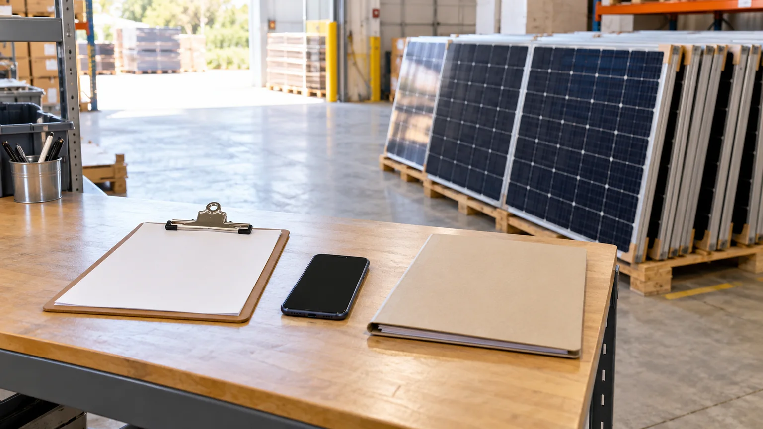 Blank clipboard, phone and folder beside a ground-level solar-module group in a warehouse