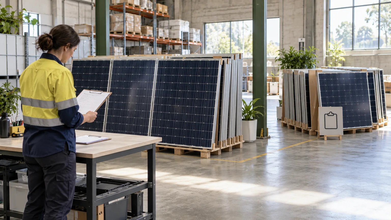 Warehouse coordinator reviewing a clipboard beside ground-level stacks of solar modules