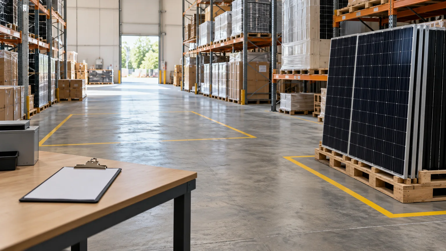 Warehouse aisle with a current solar-module group and a separate marked floor area