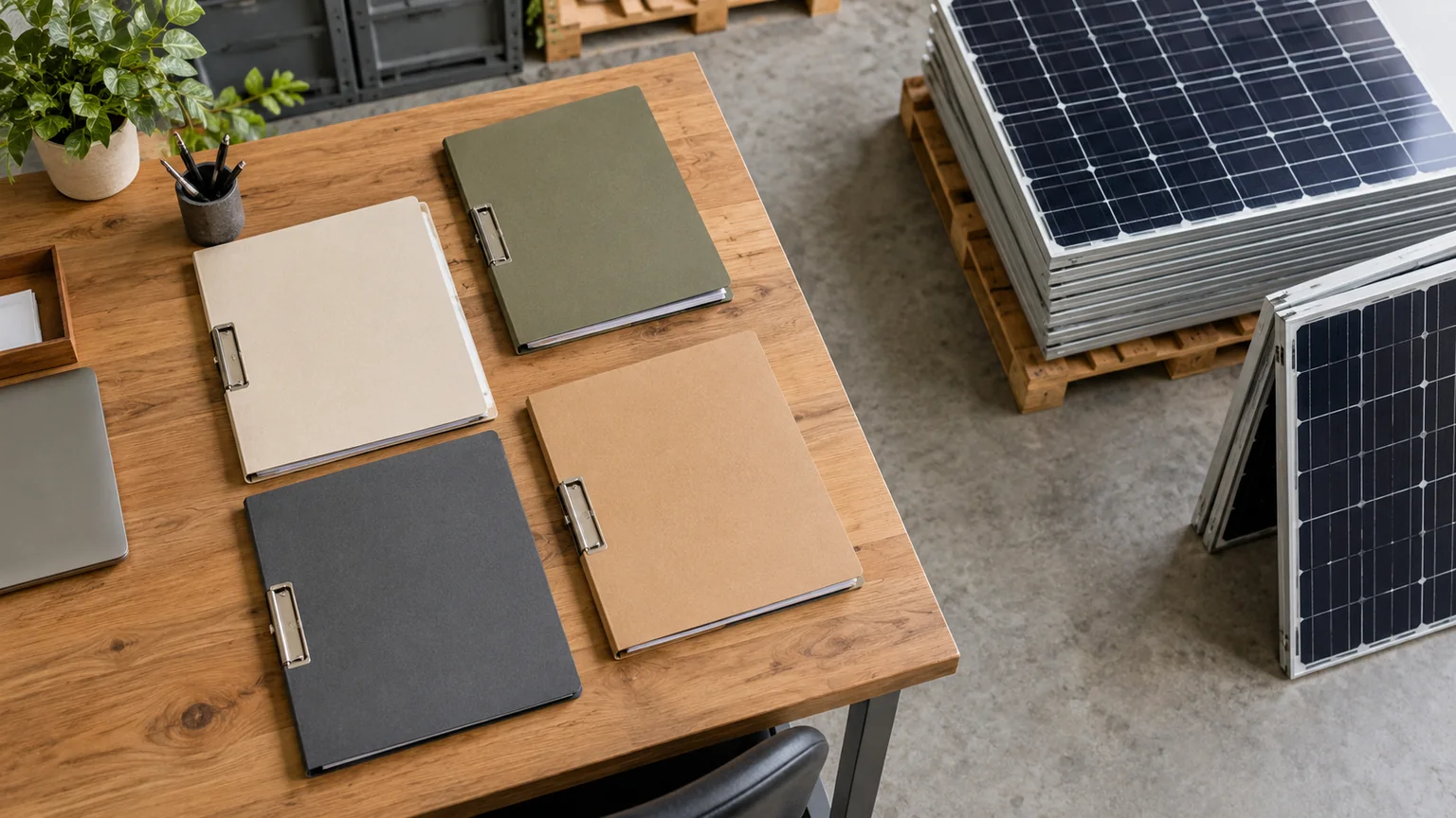 Four plain record folders beside ground-level solar modules in a warehouse