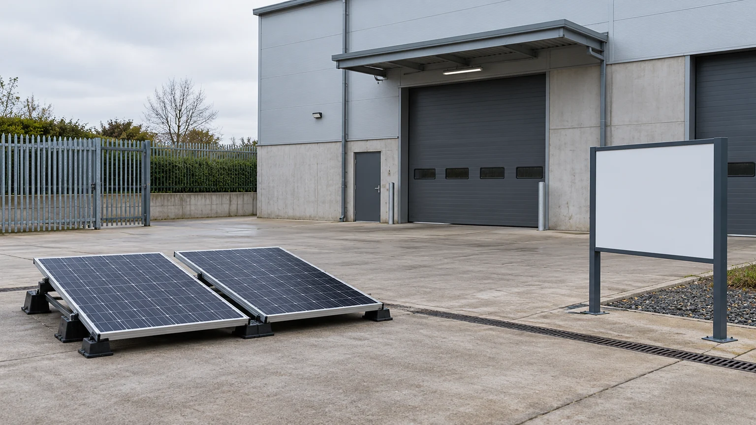 Two solar panels at a commercial loading courtyard beside a blank signboard