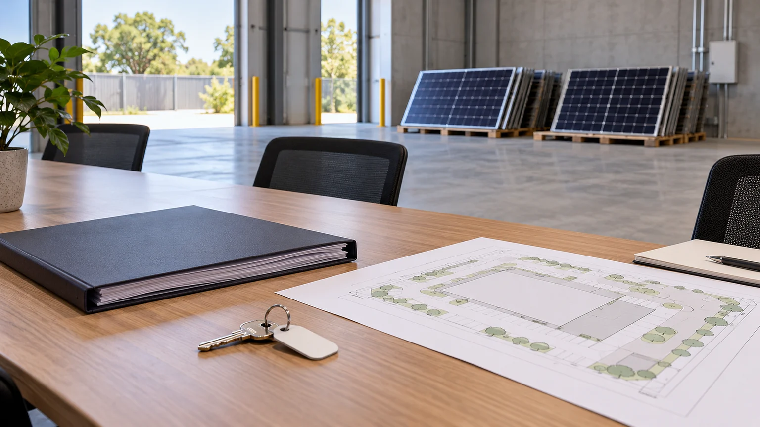 Property handover table with a site plan, blank folder and ground-level solar panels in a warehouse