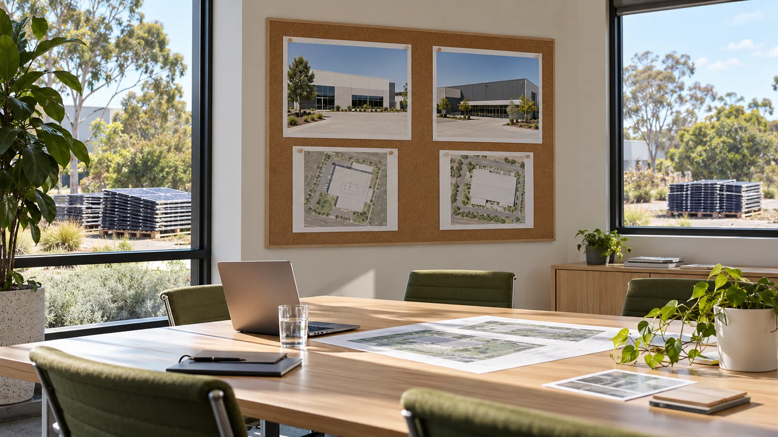 Portfolio meeting room with site images and separate solar-panel groups visible through two windows