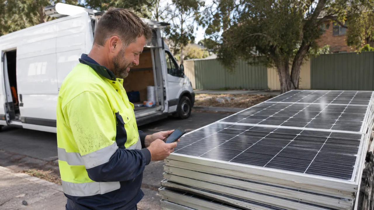 A tradesperson booking a solar panel collection in Sydney online, phone in hand