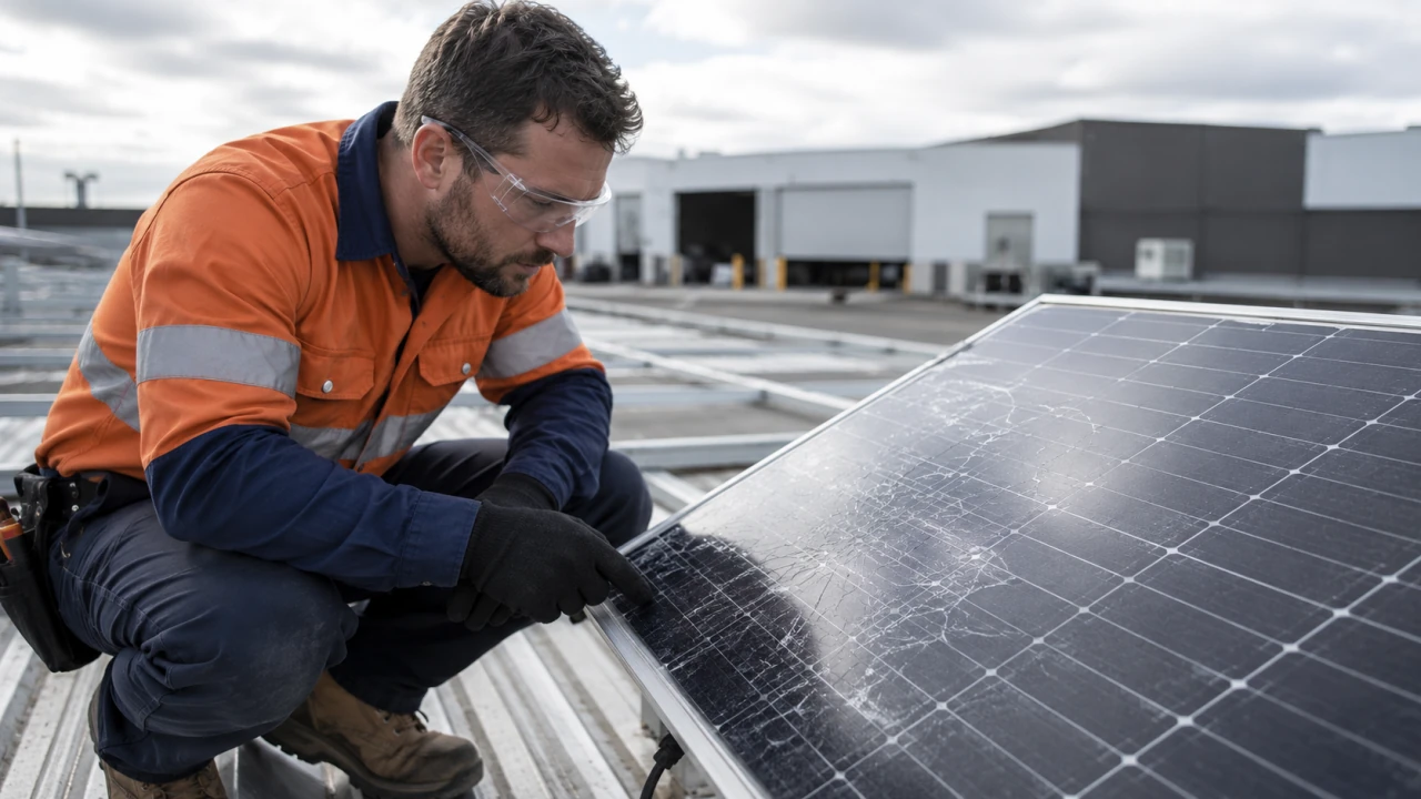 A technician inspecting a cracked solar panel to assess damage before collection