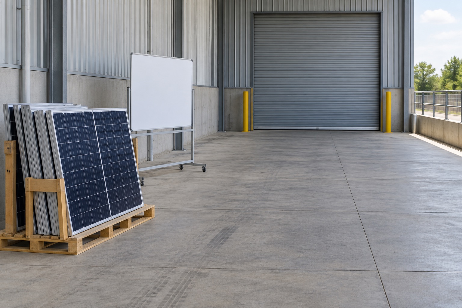 Editorial view of staged solar panels beside a clear generic loading route