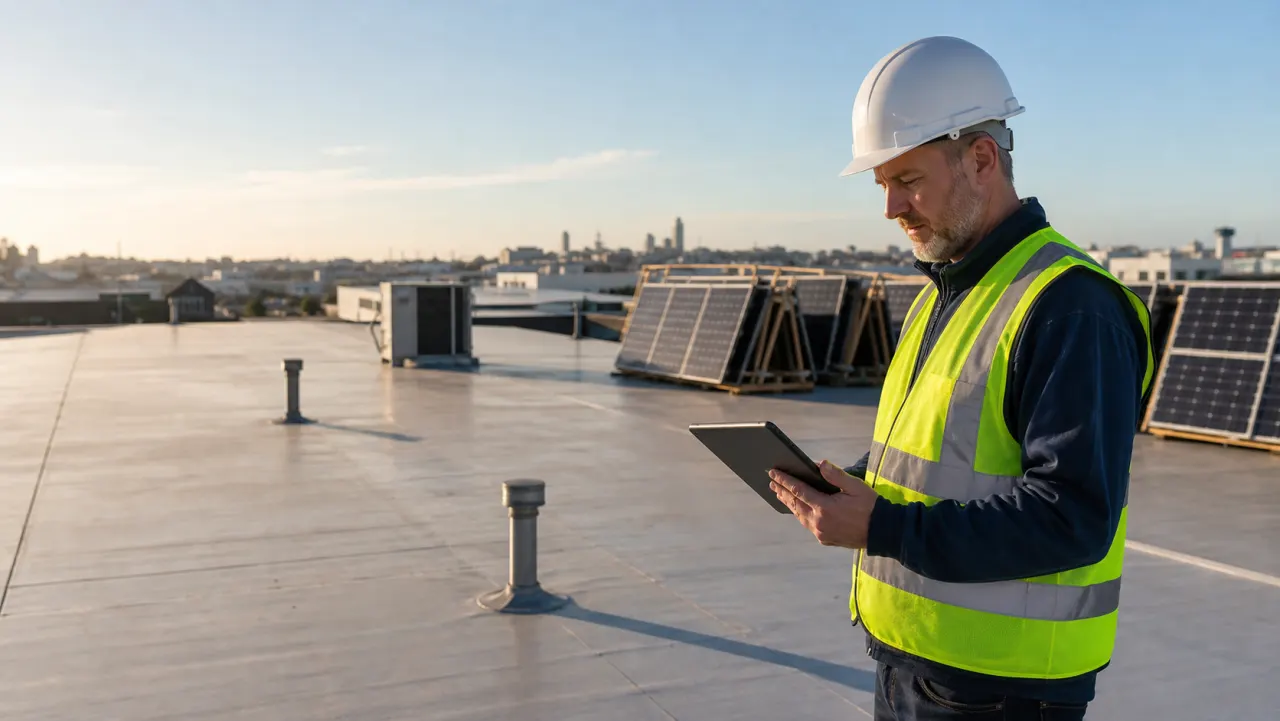 Facilities manager reviewing a commercial solar site handover plan on a Sydney rooftop