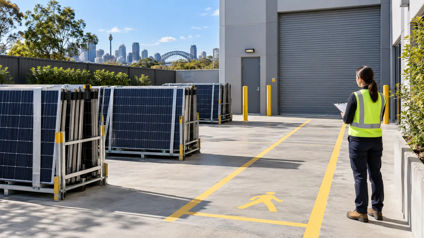 Commercial facilities coordinator viewing a ground-level solar equipment staging area