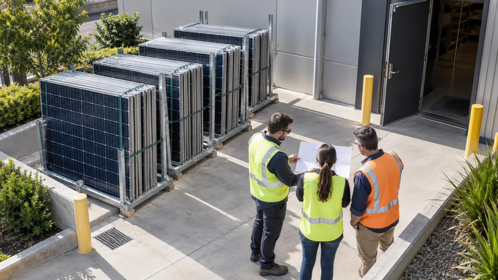 Wide commercial service-area view with staged solar panels and a facilities coordinator