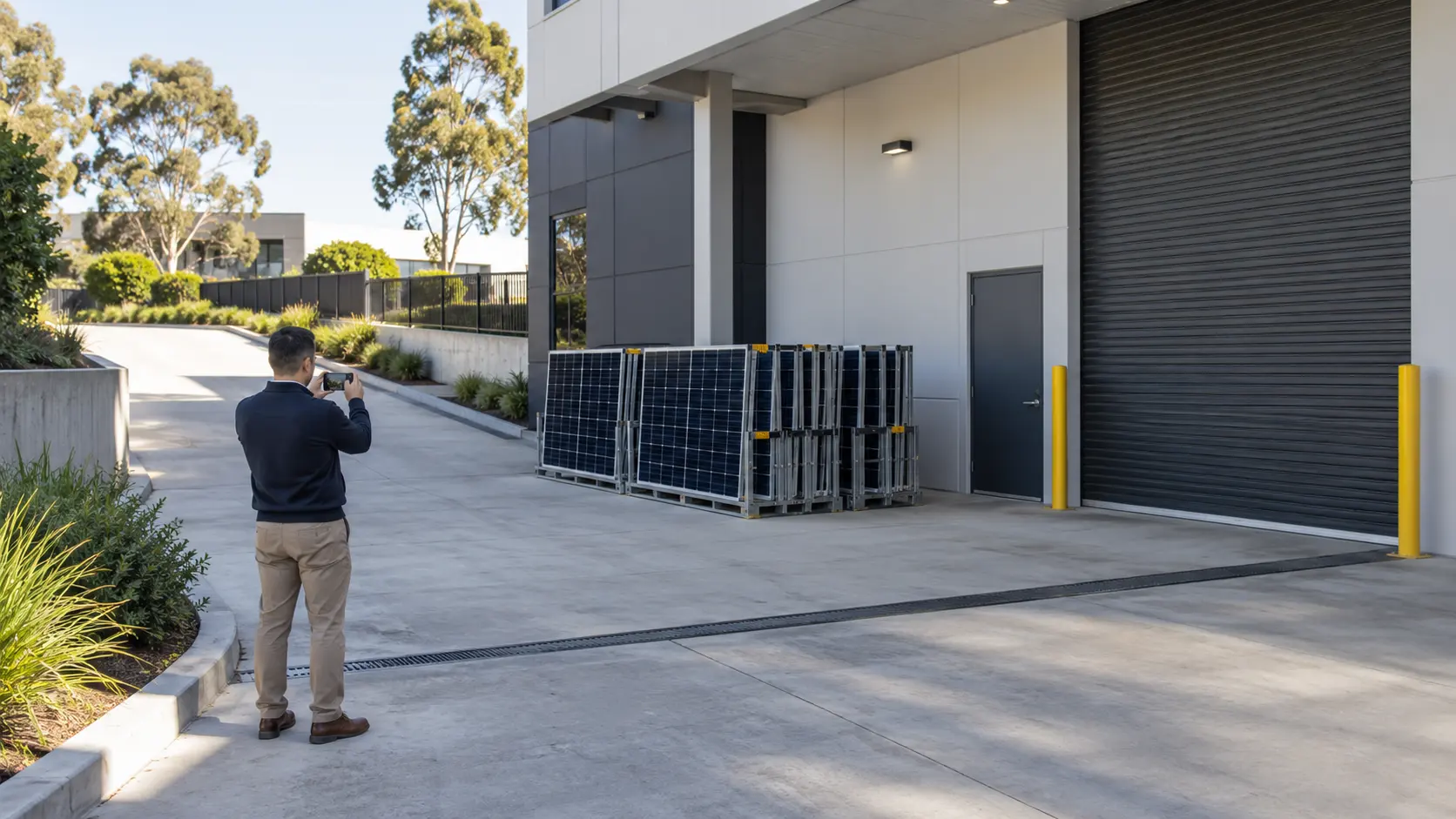 Facilities clipboard and phone beside a warehouse doorway and ground-level solar panel stack