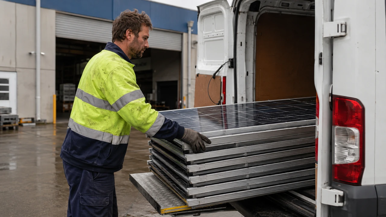 A contractor loading removed solar panels at a Sydney commercial site for collection