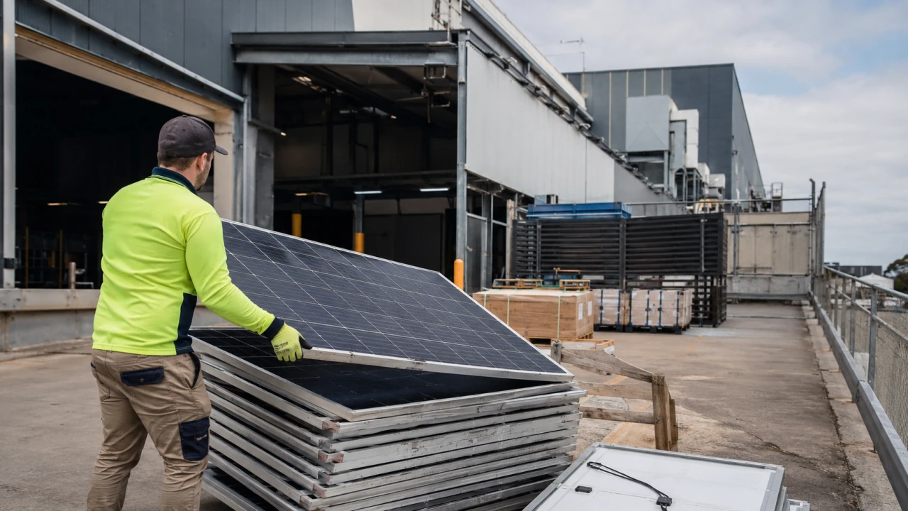 Removed solar panels being cleared and loaded at a Sydney commercial site