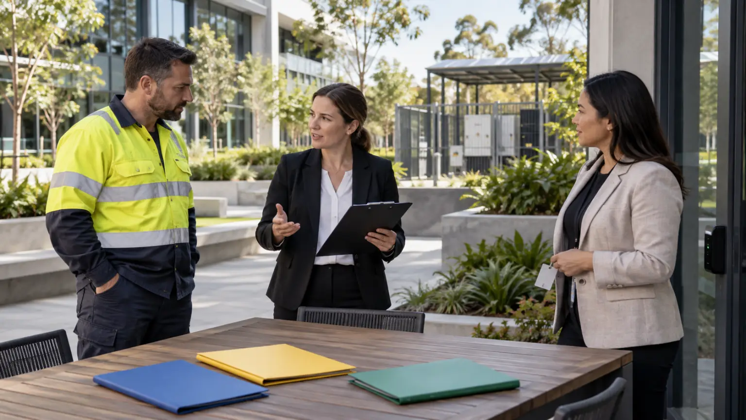 Commercial project coordinator speaking with an installer and facilities representative beside a service entrance
