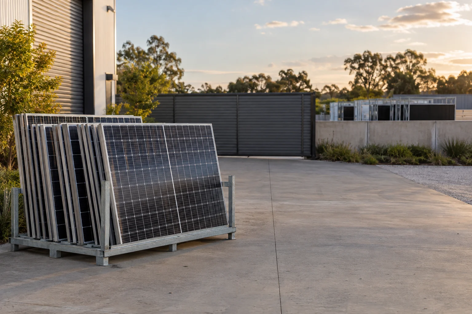Current ground-level solar panel group near a commercial gate with a separate later-stage group behind a barrier