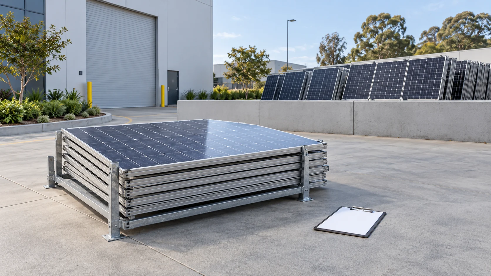 Two separated commercial solar-panel staging zones outside a modern facility