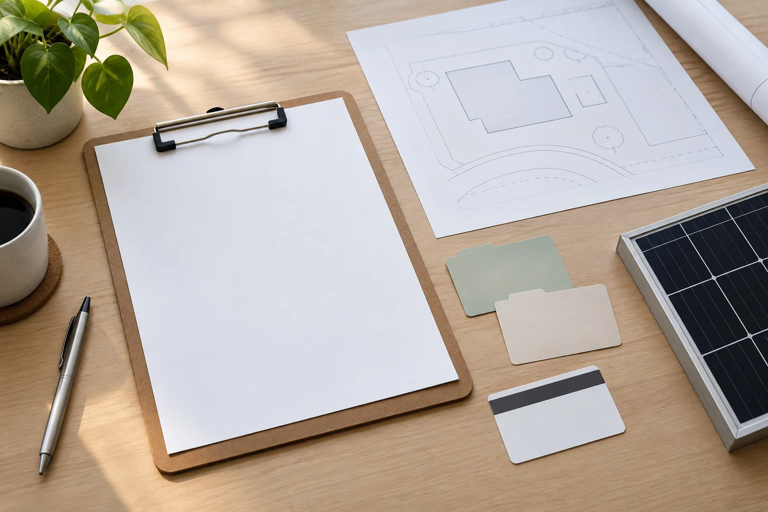 Blank commercial project clipboard, simple site map, divider cards and solar-panel corner sample