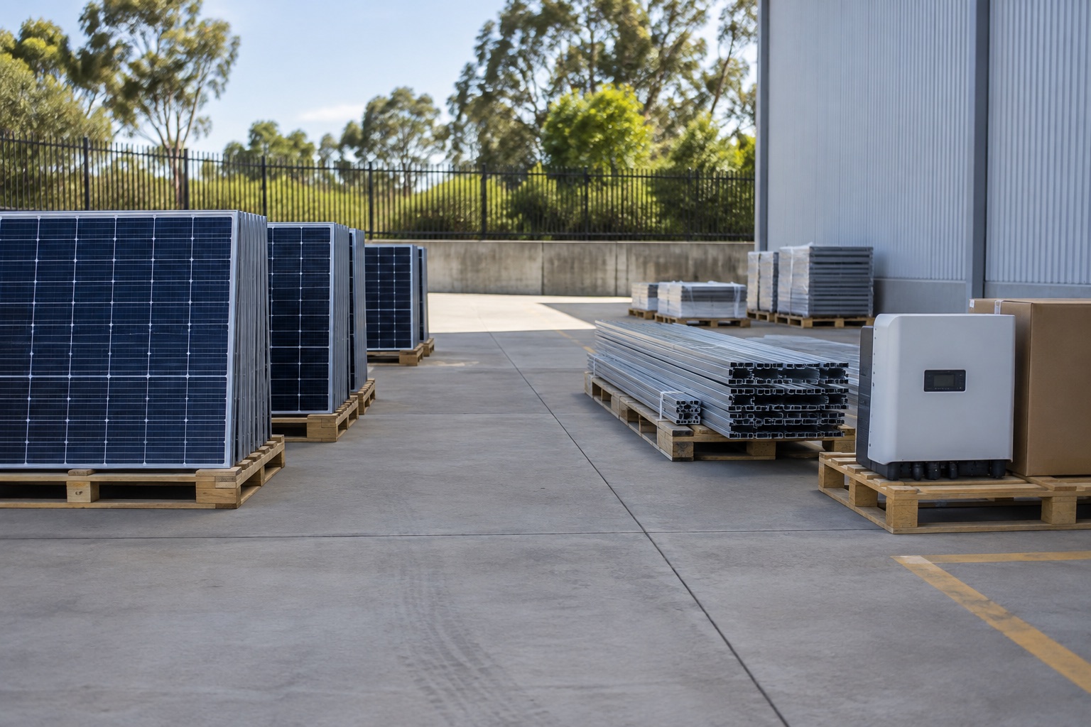 Editorial view of separately staged solar-system components along a clear ground-level access route