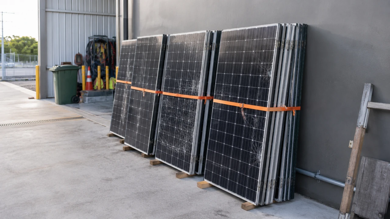 Damaged solar panels safely stacked and stored away from foot traffic before collection