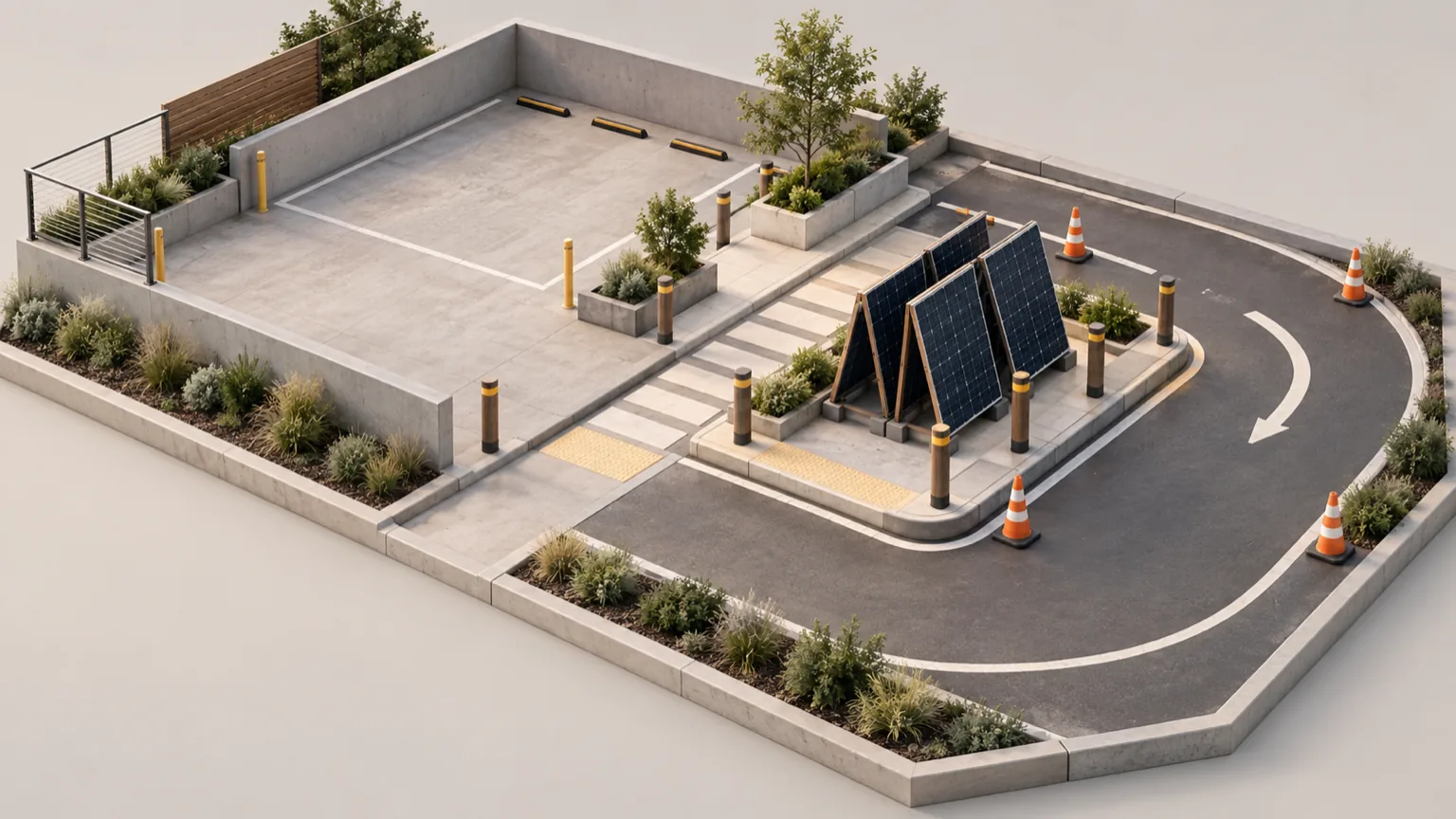 Illustrative isometric site-planning model with a small protected panel handover zone, a pedestrian route, a vehicle lane and unlabelled traffic cones