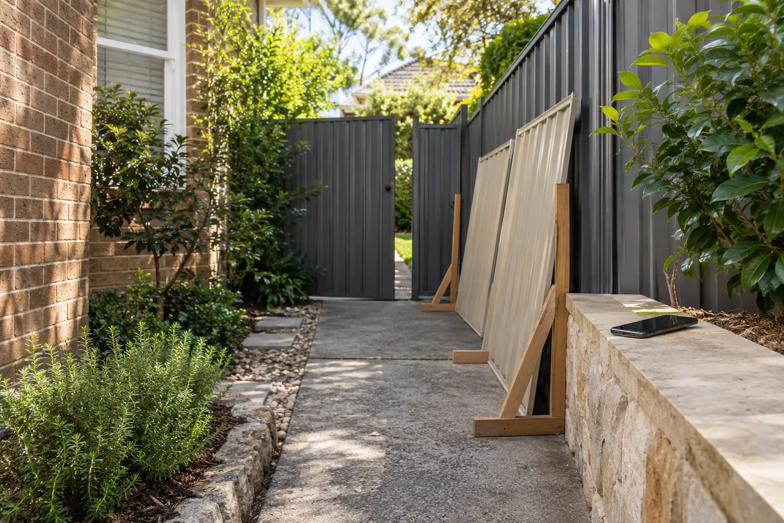 Residential ground-level handover point beside a side gate with solar panels on supports
