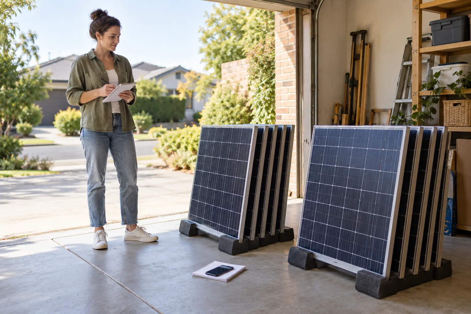 Small ground-level groups of solar panels in a tidy garage threshold