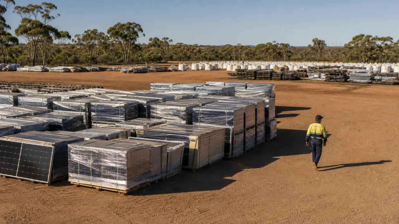 Palletised retired solar panels staged in a regional Australian logistics yard